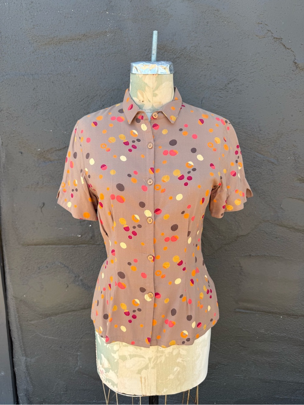 Unbranded Women’s Taupe Dot Print Button-Up Blouse